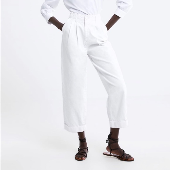 ZARA Premium White Slouch Pleated Denim Trousers 6 - Picture 1 of 7